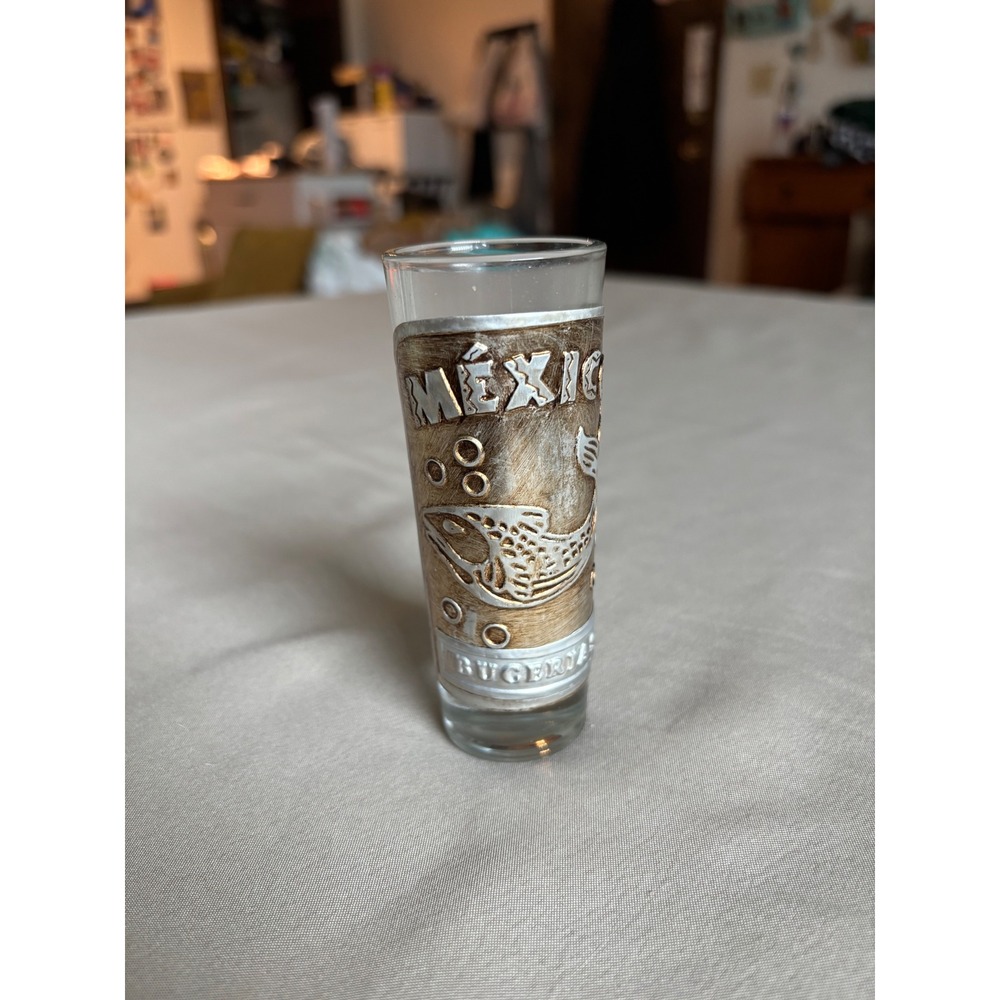Vintage Mexico Bucerias Souvenir Shot Glass Pewter Style Metal Wrap Fish Barware
